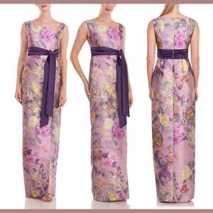NEW $298 KAY UNGER [‎ 4 ] Cosette Floral Print Column Gown Purple Woodrose